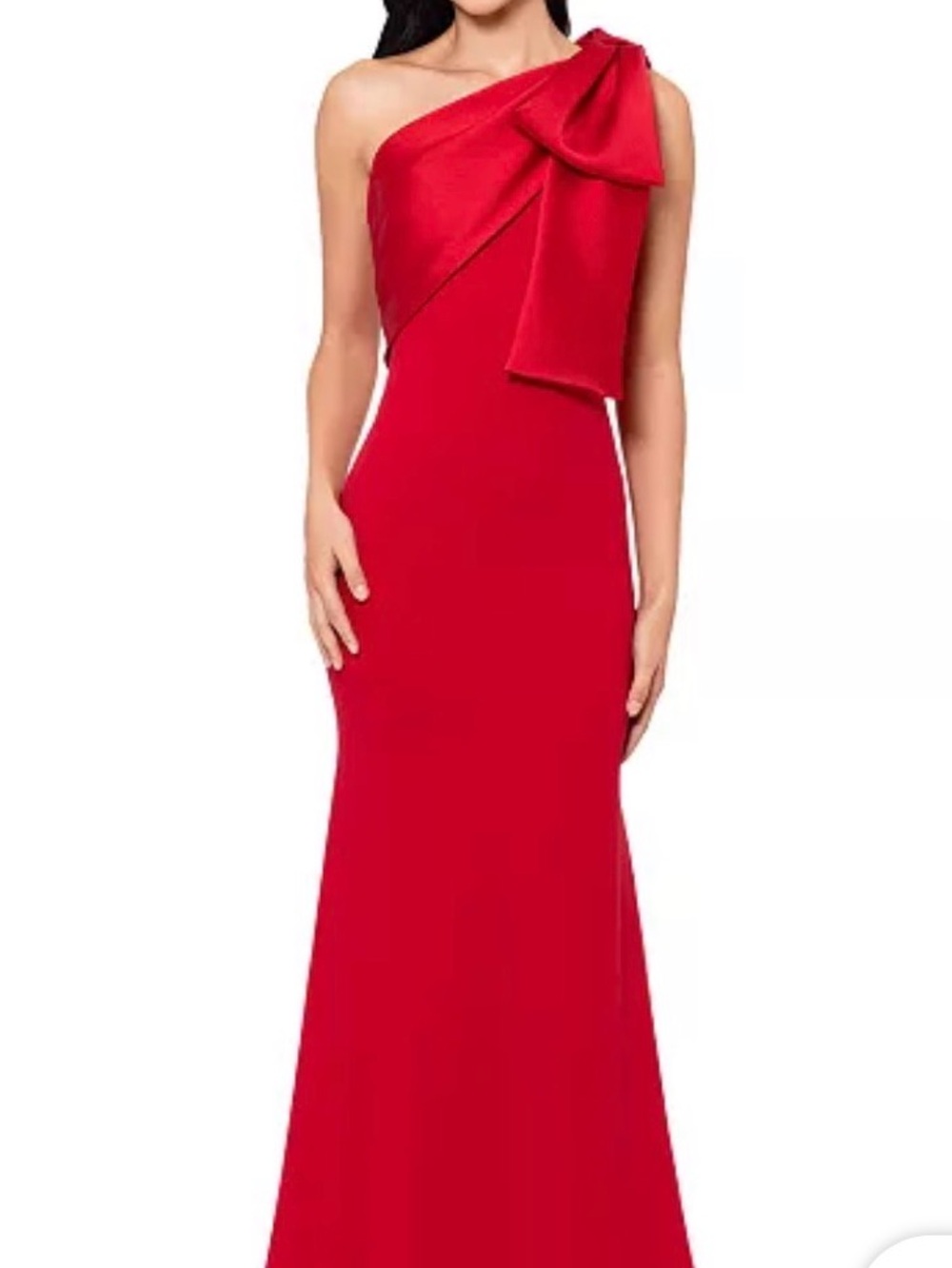 Betsy & Adam Vibrant Red Maxi Dress with Draped Bow Detail